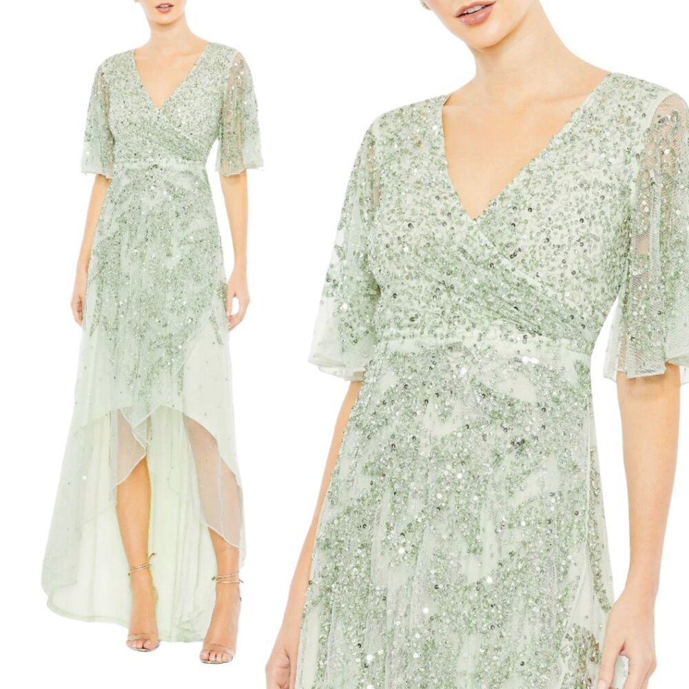 Mac Duggal 93681 Womens Size 20 Light Green Sequined High Low Gown‎ Maxi Dress